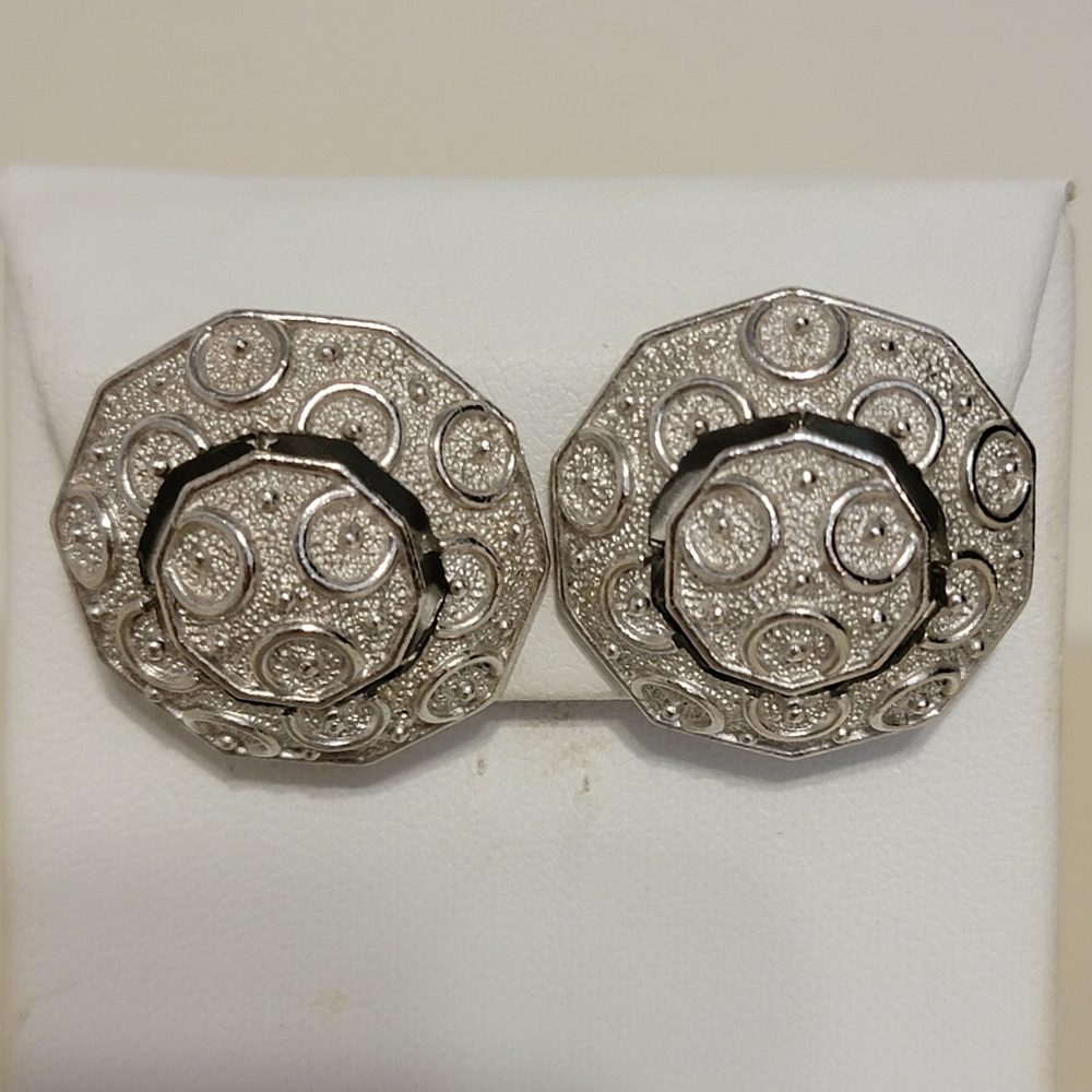 Vintage Crown Trifari Silver Tone Atomic Geometric Clip On Earrings 1960s